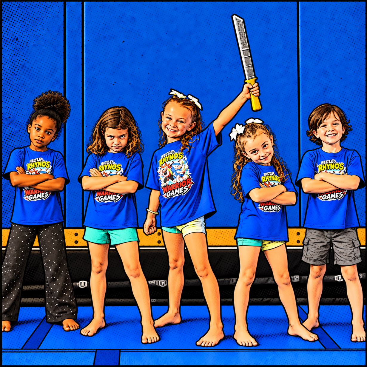 Group of five children wearing blue 'Battle Rhynos Warrior Games' T-shirts, standing on a blue mat in front of a blue wall, with one girl in the center holding a foam sword up, smiling, and the others with arms crossed, making serious faces.