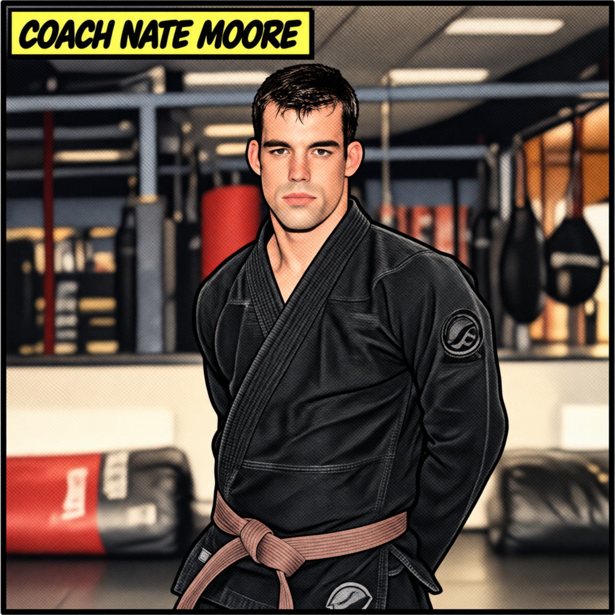 Man in a black Brazilian Jiu-Jitsu gi with a brown belt standing in a gym with punching bags and workout equipment in the background.