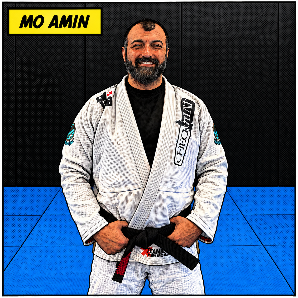 Man in a Brazilian Jiu-Jitsu gi standing on a blue mat, smiling, with a black belt. Background is black with a banner labeled 'MO AMIN' in yellow and black text.