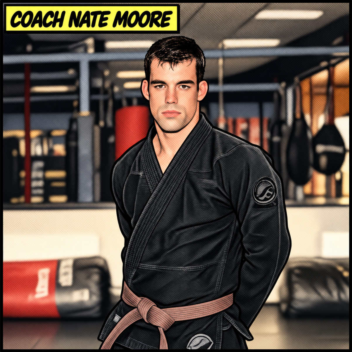 A man in a black Brazilian Jiu-Jitsu gi with a brown belt standing in a gym, with boxing bags and equipment in the background. Text overlay reads 'Coach Nate Moore' in bold letters.