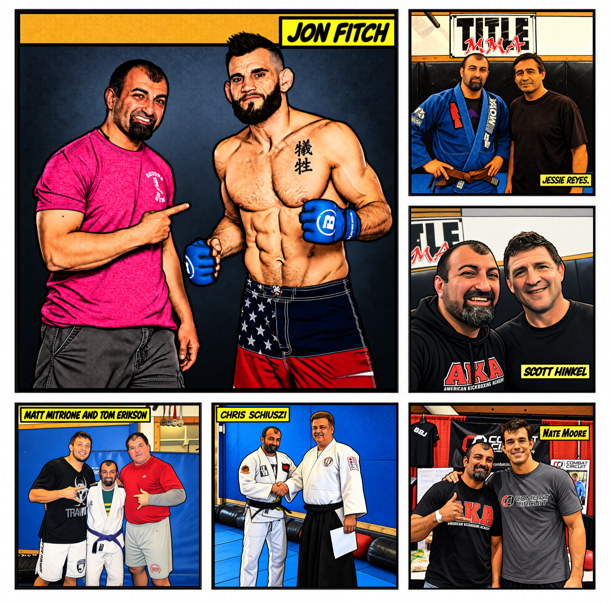 Group photo of martial artists and instructors at a martial arts event, including Jon Fitch, Jessie Reyes, Matt Mitrone, Tom Erikson, Chris Schuszi, Nate Moore, and other fighters, with banners and training gear in the background.