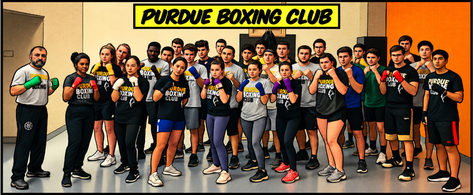 A group of young athletes and their coach posing in a boxing gym with a sign that reads 'Purdue Boxing Club' behind them. They are wearing athletic clothing and boxing gloves, standing in a fighting stance.