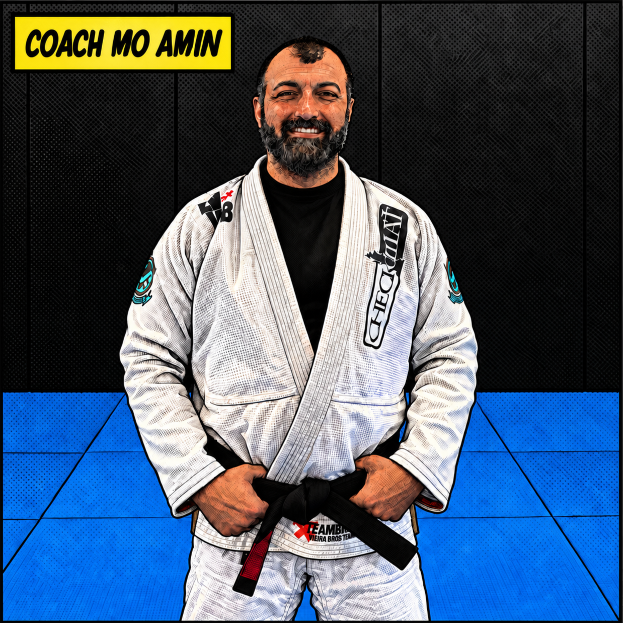 A man wearing a white Brazilian Jiu-Jitsu gi with patches, standing on a blue tatami mat in a martial arts training area, smiling at the camera.