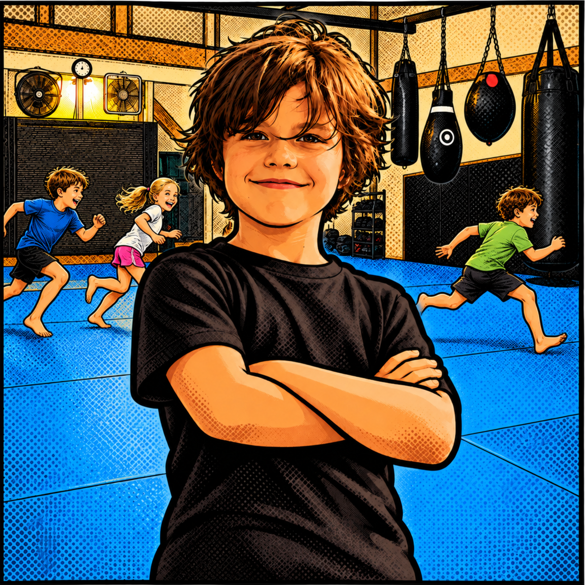 A kid with brown hair wearing a black shirt smiling with arms crossed in a gym, with children running and playing in the background, boxing bags hanging from the ceiling.
