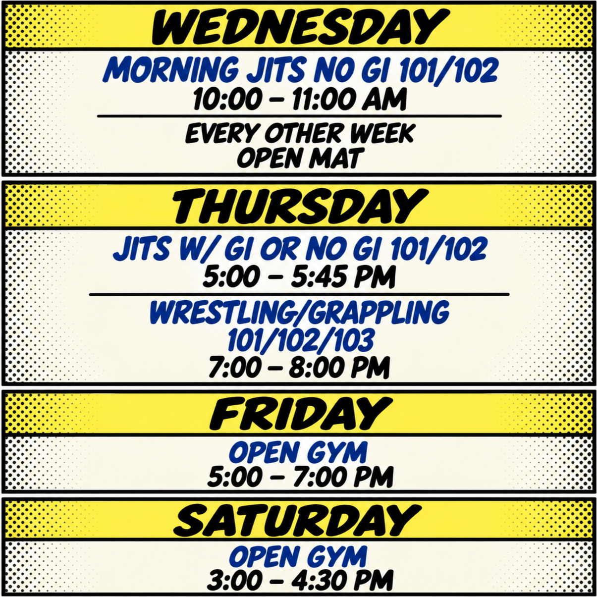 Schedule of weekly gym classes on a poster with yellow, white, and black backgrounds, showing days of the week and times for various fitness sessions.