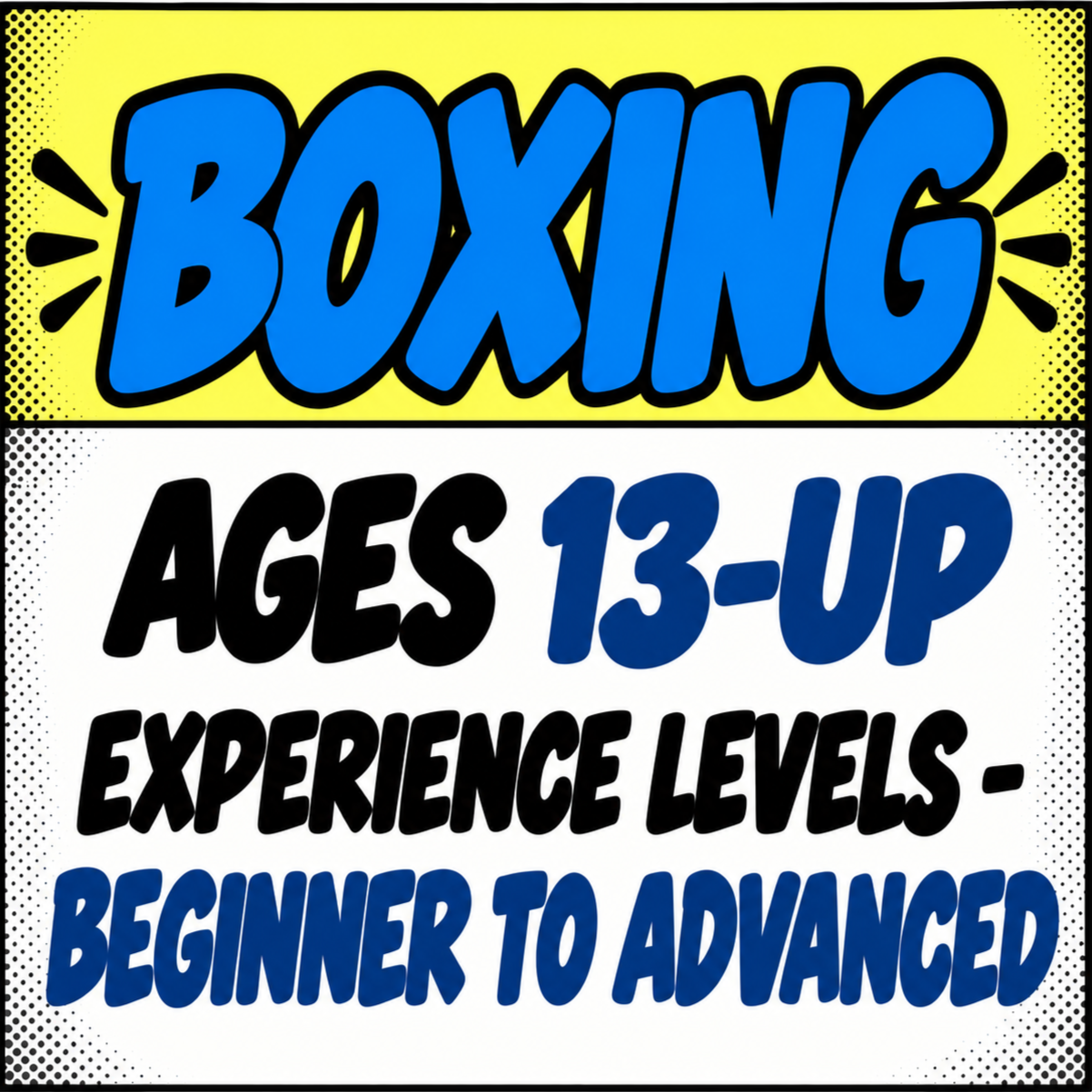 Sign advertising boxing classes for ages 13 and up, suitable for beginners to advanced levels.