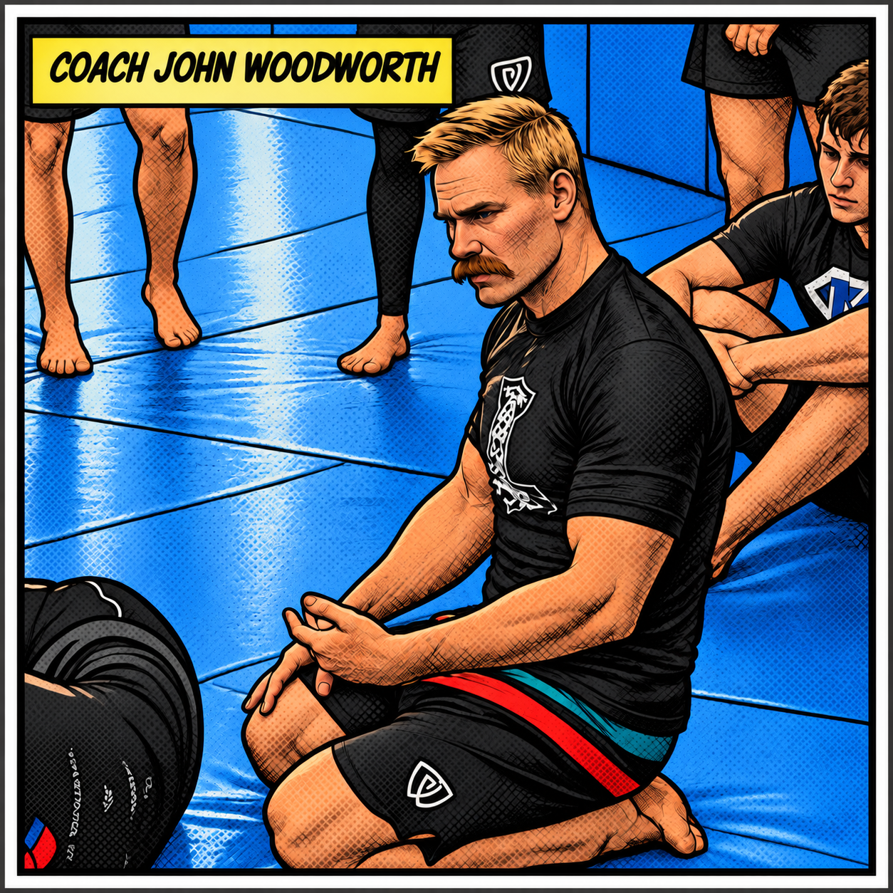 Comic-style illustration of a mixed martial arts coach, Coach John Woodworth, kneeling on a blue mat with his hands clasped, surrounded by fighters in a gym.