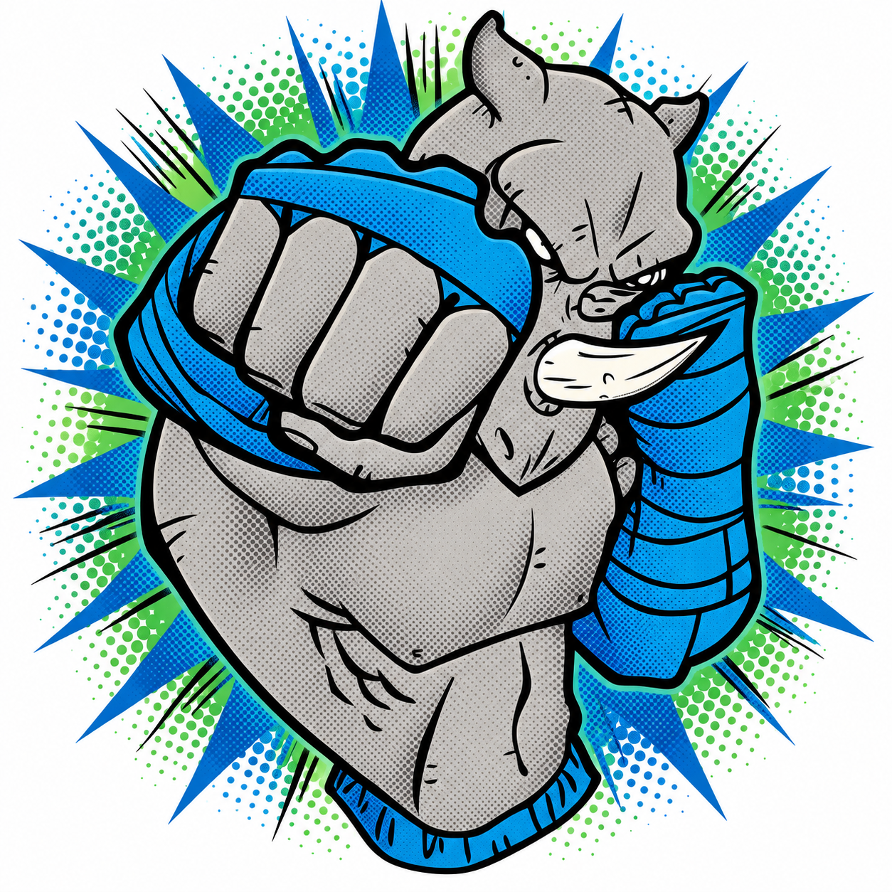 A comic-style illustration of a muscular anthropomorphic dog striking a fighting pose with fists raised, wearing blue fighting gloves and wraps, surrounded by blue and green burst patterns.