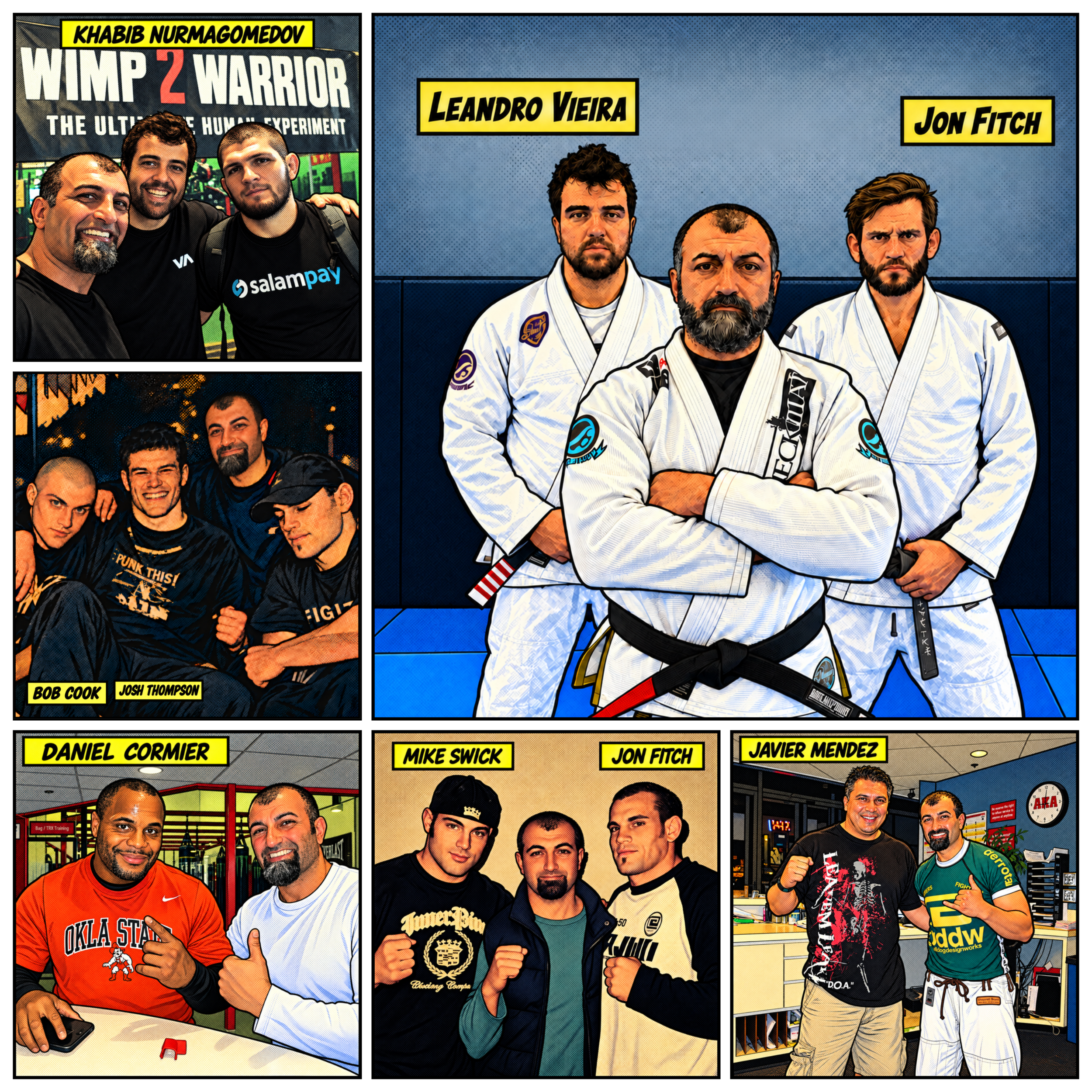 Mutli-panel comic illustration featuring various individuals, including a caption about 'WIMP 2 WARRIOR' and photos of fighters with names like Khabib Nurmagomedov, Leandro Vieira, Jon Fitch, Bob Cook, Josh Thompson, Daniel Cormier, Mike Swick, Javier Mendez, and others, in sports or martial arts settings.