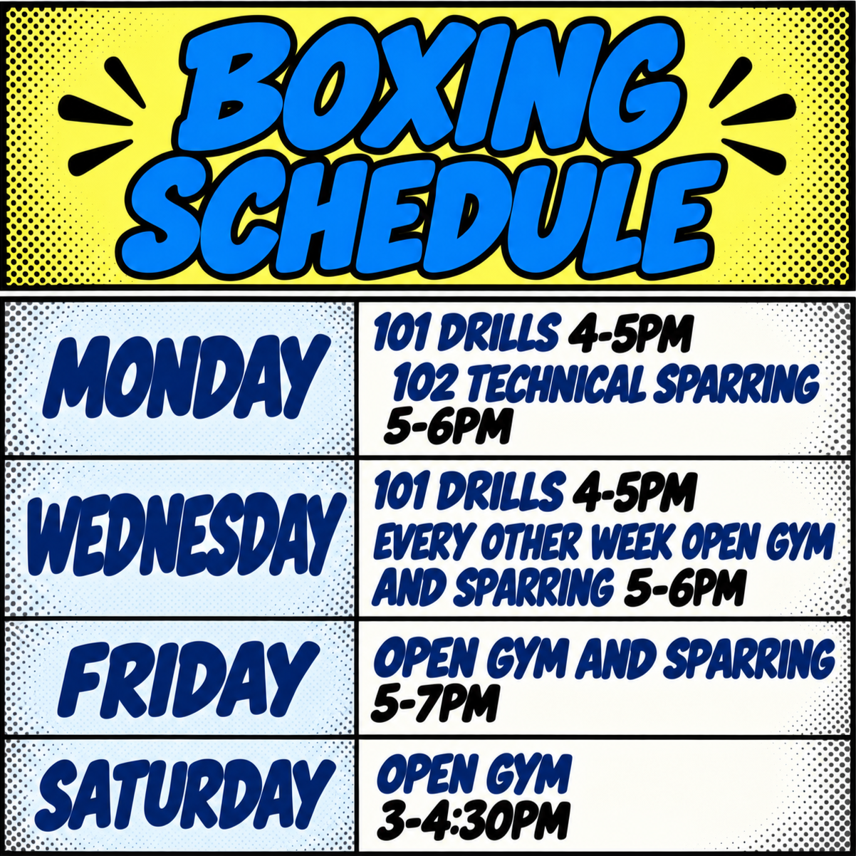 A colorful weekly boxing gym schedule featuring days of the week with specific class times, including drill and sparring sessions from Monday to Saturday.