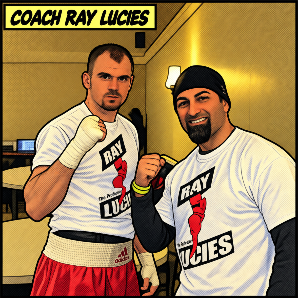 Two men in boxing stance wearing matching white t-shirts with the words "Ray Lucies" and a red boxing glove graphic. They are inside a room with yellow walls, one is wearing red shorts and the other black headgear. The room is labeled "Coach Ray Lucies".