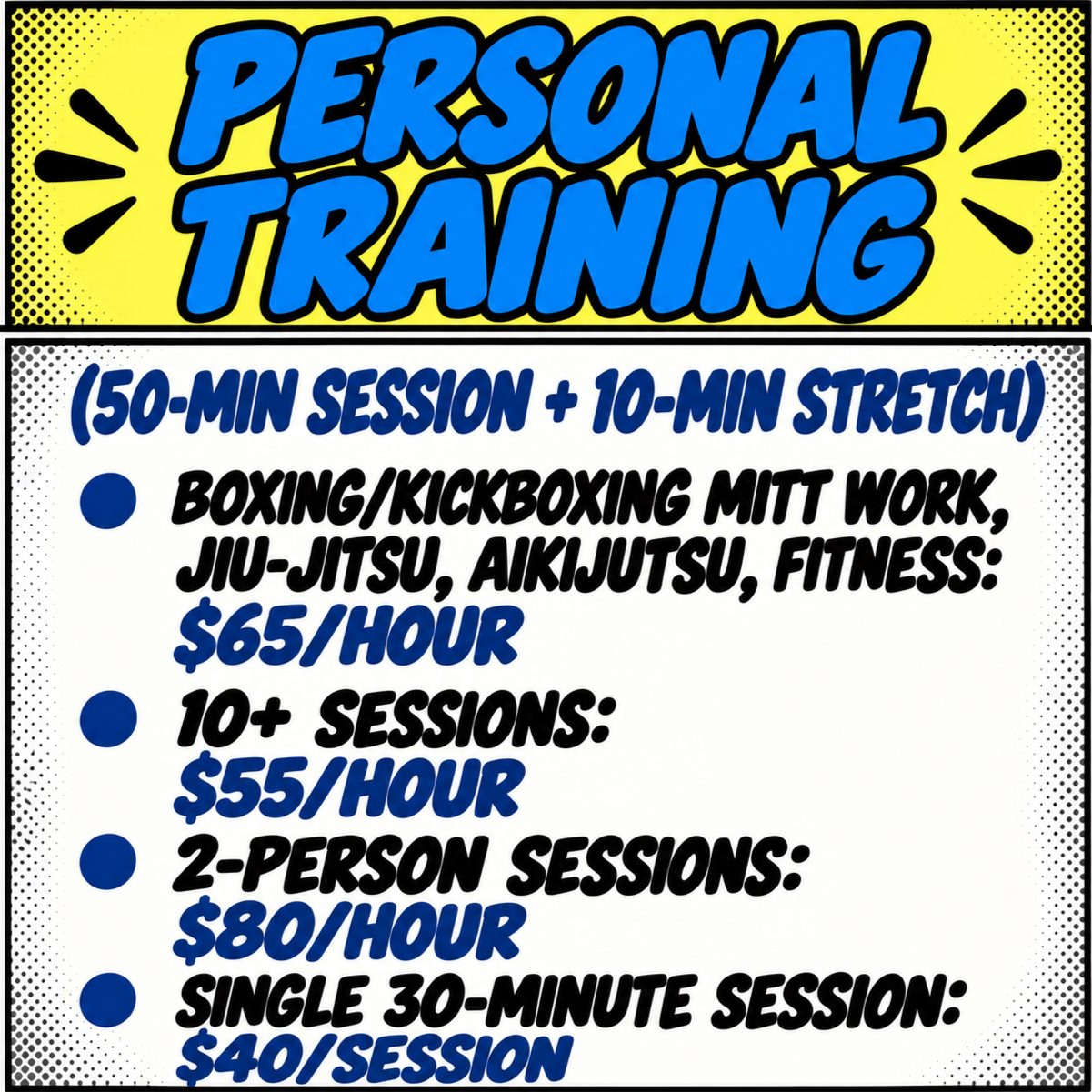 Poster advertising personal training sessions with pricing and duration options, including group and individual sessions, and stretching