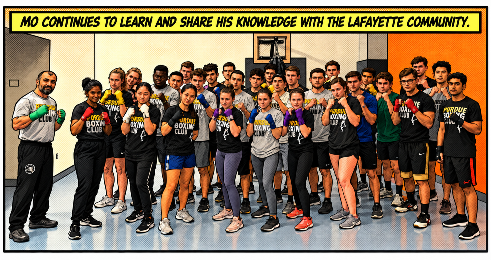 Group of young boxers and coaches in a gym, posing with fists raised for a photo, wearing black Purdue Boxing Club shirts, with a banner above them stating Mo continues to learn and share knowledge with the Lafayette community.