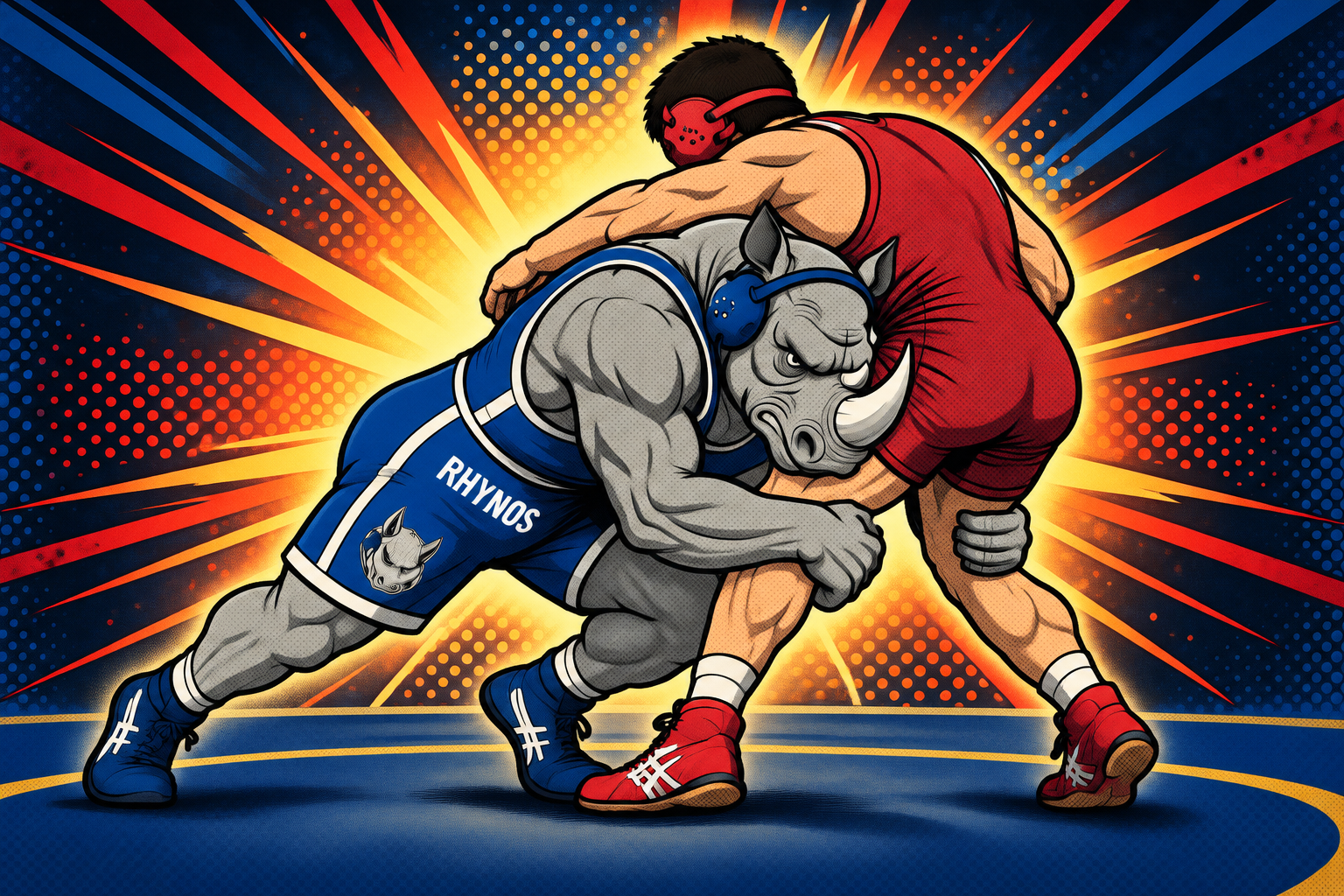 A cartoon-style illustration of two wrestlers, a rhinoceros and a human, engaged in a wrestling match. The rhinoceros is wearing blue shorts with the name 'RHYNOS' and a rhinoceros logo, while the human is wearing red shorts. Both are in a wrestling stance on a mat, with a dramatic, colorful background.