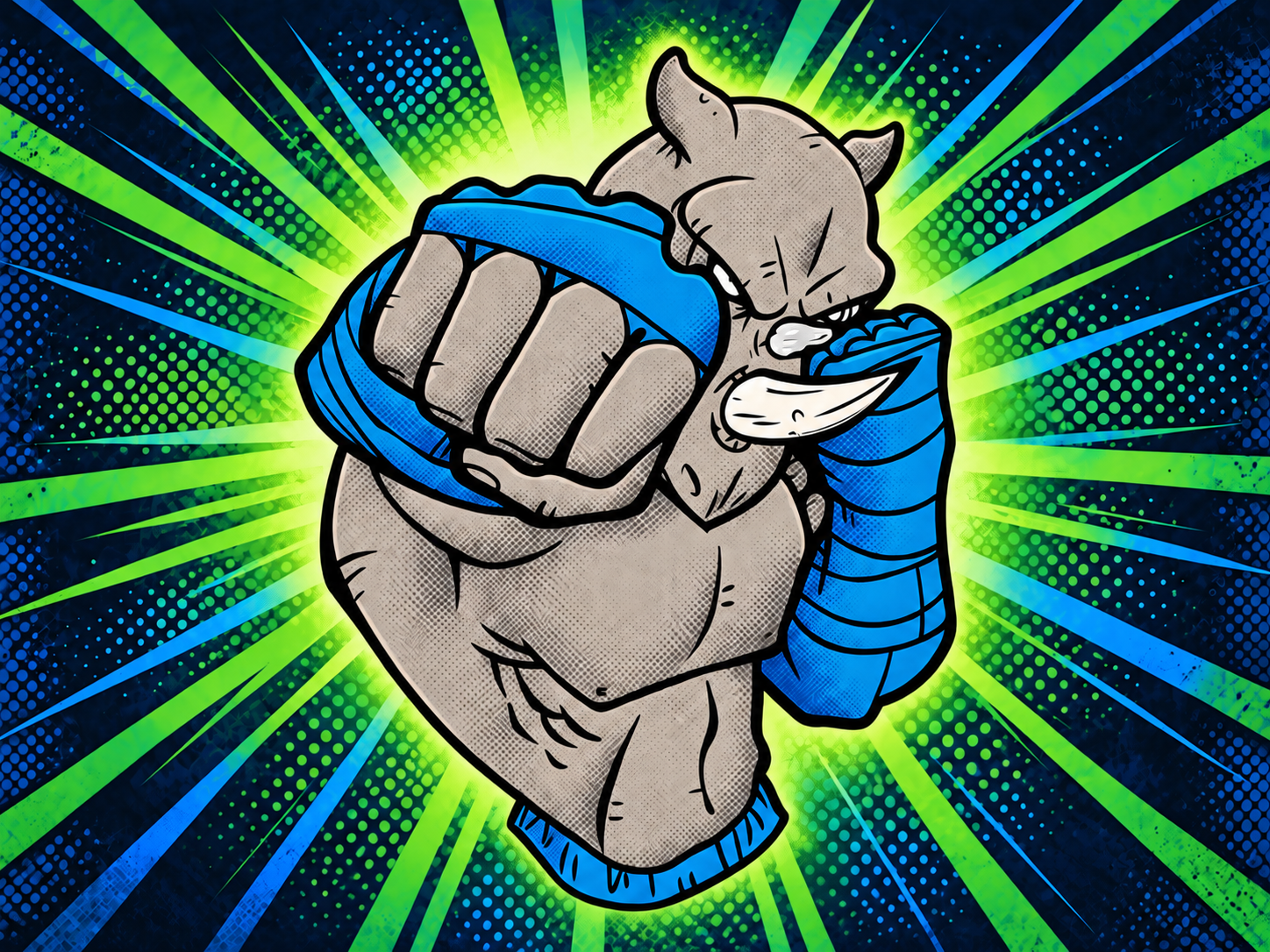Comic-style illustration of a muscular anthropomorphic cat in a boxing stance, with one arm extended forward in a punch and the other arm close to the face, wearing blue gloves and a blue wrist wrap, with a dynamic green and blue burst background.