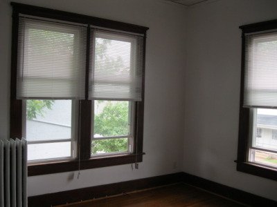 Empty room with three large windows featuring blinds and a view of trees outside.