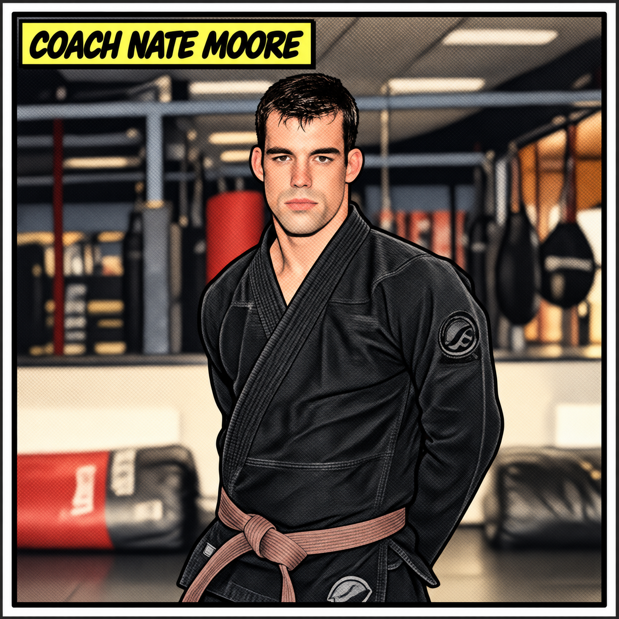 A man in a black martial arts gi with a brown belt standing in a gym with punching bags and training equipment in the background.