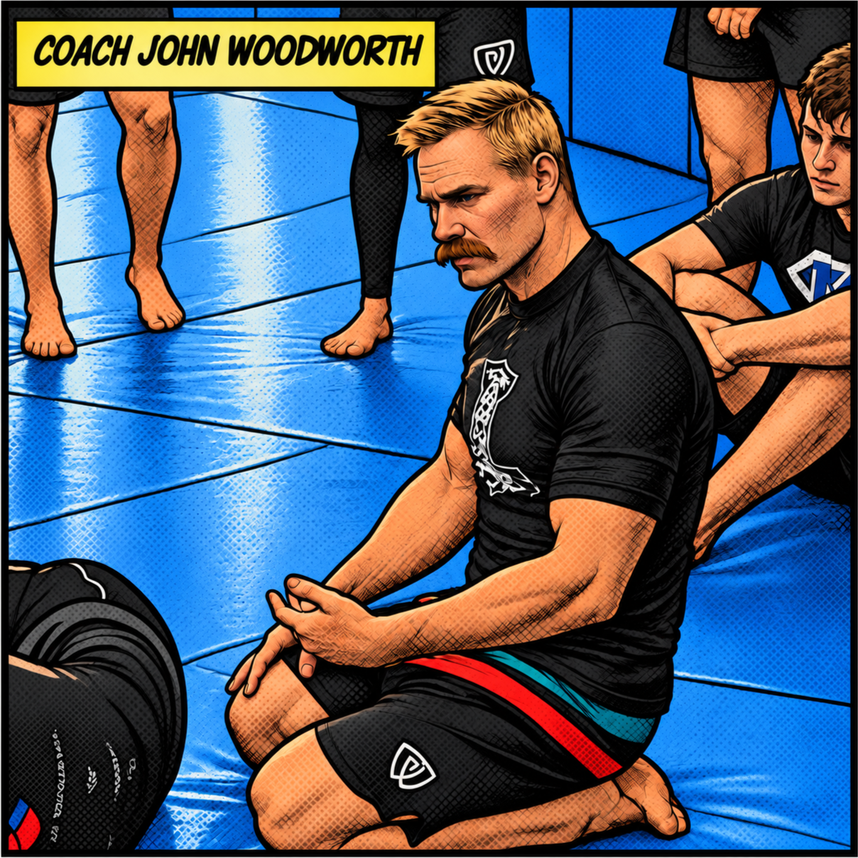 Comic-style illustration of a mixed martial arts (MMA) coach, Coach John Woodworth, kneeling on a blue mat during a training session, with athletes standing around him, some with bare feet and some with gloves.