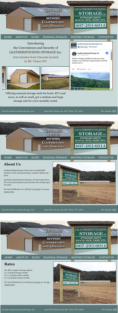 A Series of website screen shots demonstrating the outdated layout of the previous website for Leatherstocking Storage