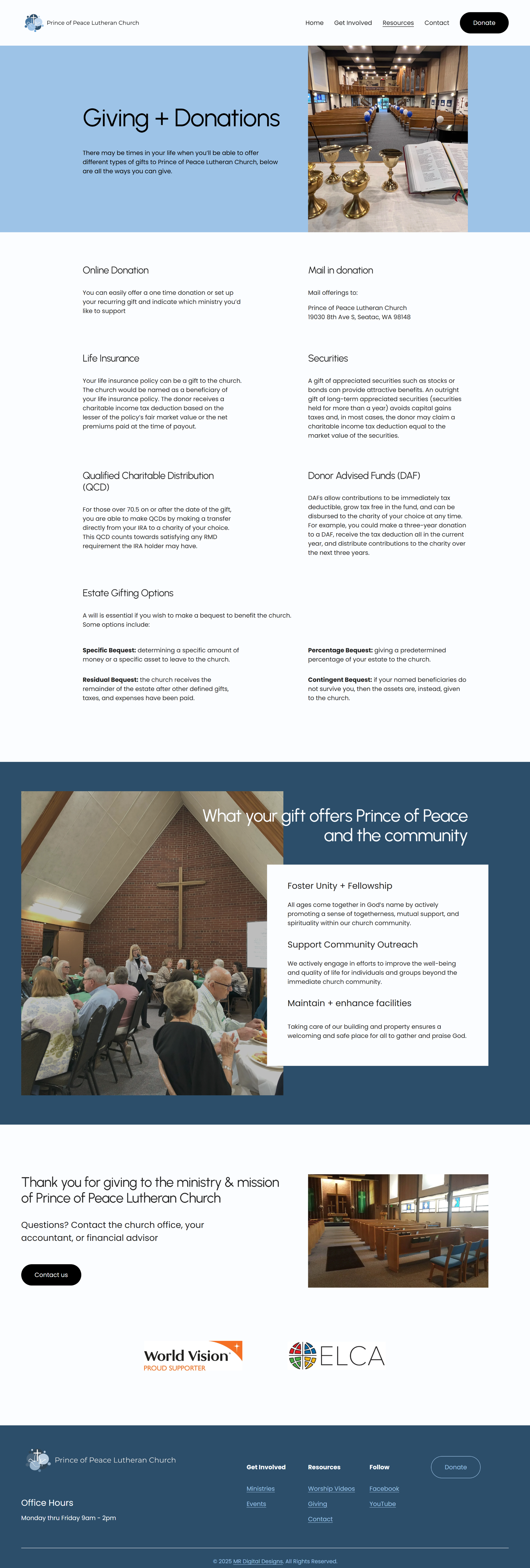 Screenshot of the Prince of Peace Lutheran Church website Giving page with information about different types of donations, a description of what the donations go for and their organizational partners