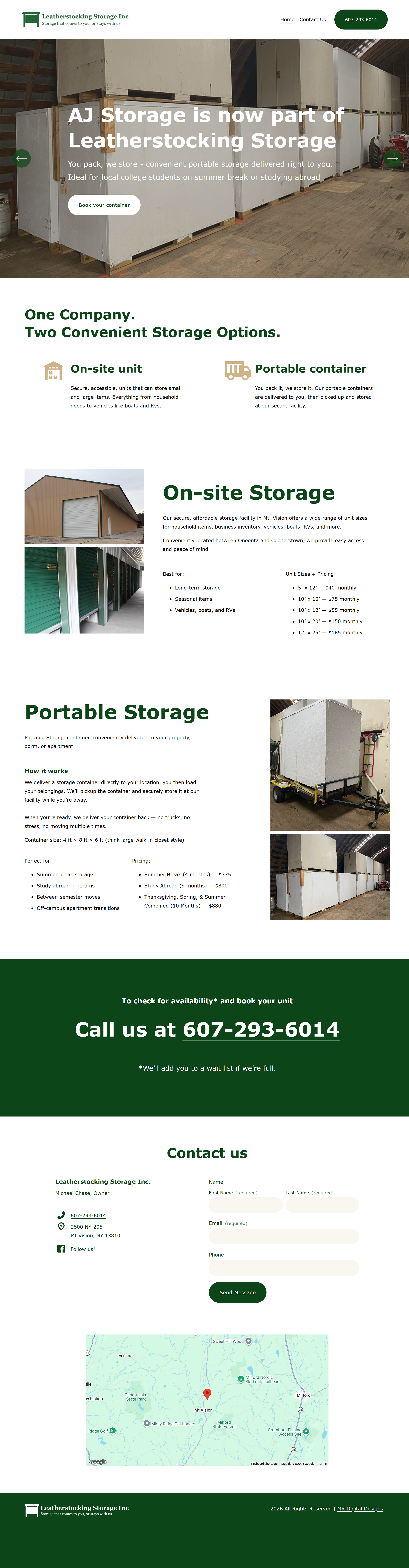 Website homepage for Leatherstocking Storage Inc., advertising on-site and portable storage options with images of storage units, contact information, and a map of the location.