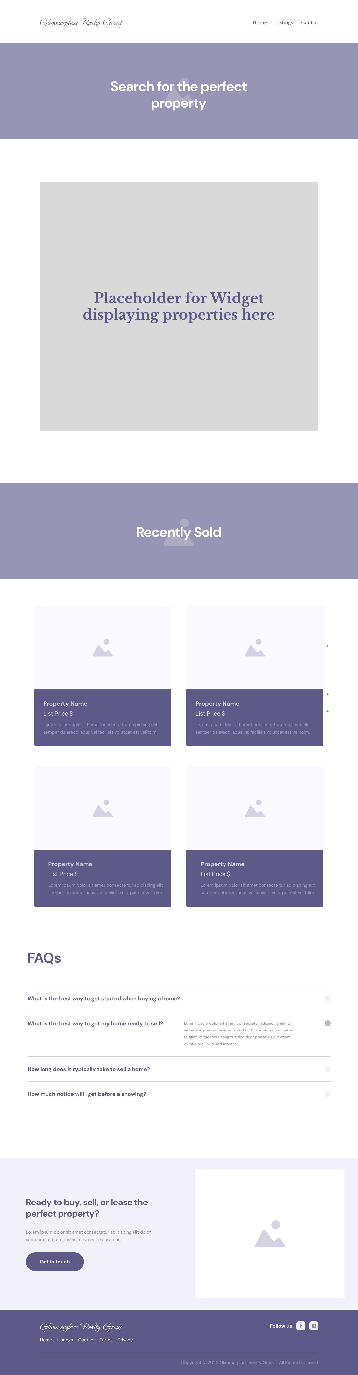 A real estate website homepage as a wireframe with a lavender and white color scheme, featuring a header with navigation links, a 'Recently Sold' section, an FAQ section with common questions, a call-to-action for contacting, and a footer.