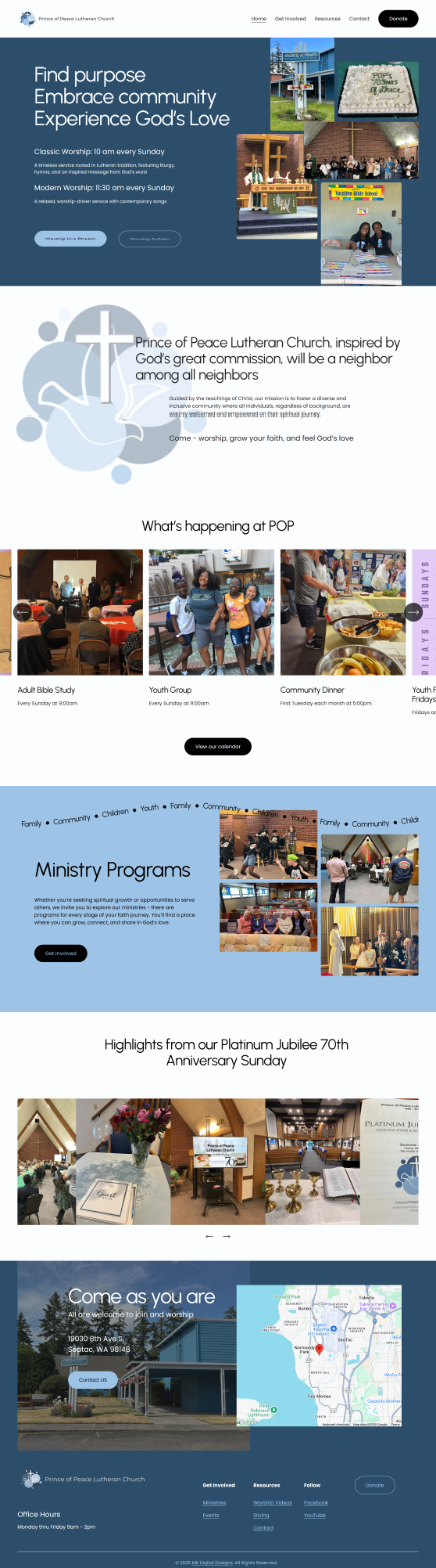 Screenshot of Prince of Peace Lutheran Church website homepage with information about worship times, church programs, recent events, and location.