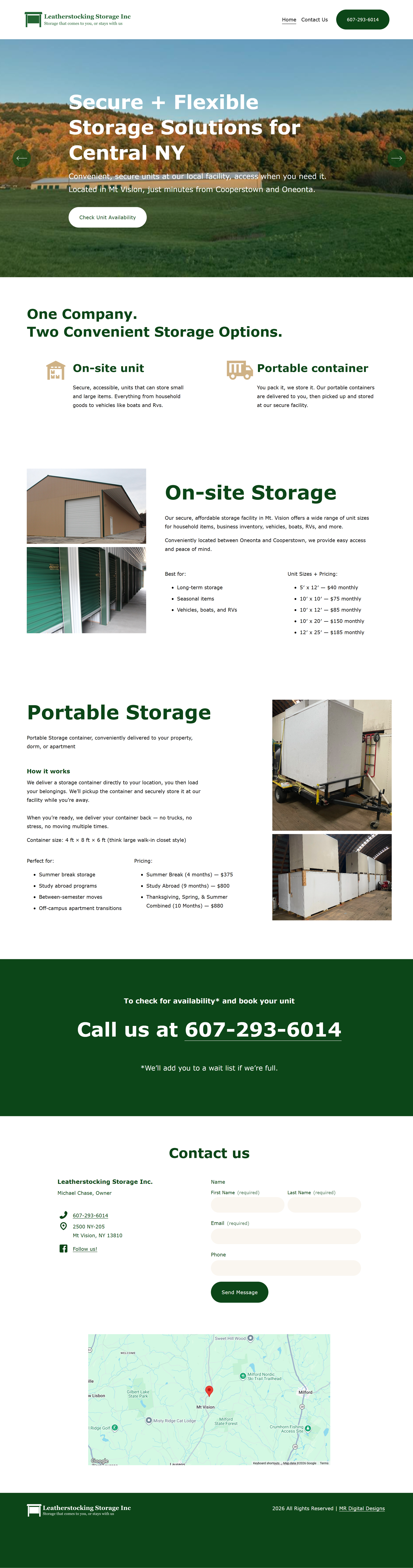 A webpage for Leatherstocking Storage Inc. offering secure and flexible storage solutions in Central New York. The page features a scenic background image with trees and a building, a header with navigation links, and a green call-to-action button with contact information. Sections describe on-site and portable storage options, with images of storage units and containers, along with contact details and a map showing the company's location.