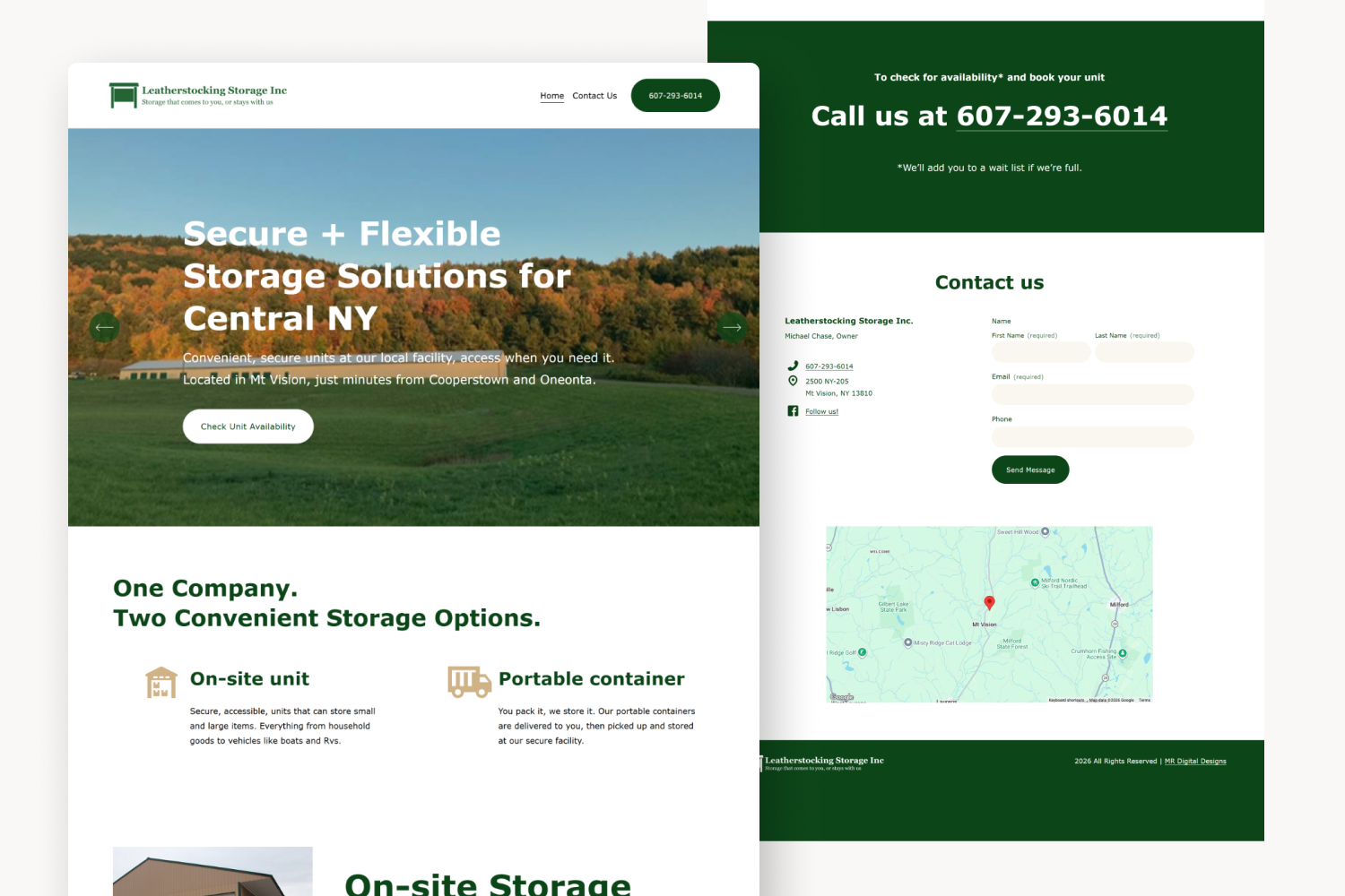 Website homepage for Leatherstoking Storage Inc, offering secure and flexible storage solutions in Central NY, with contact information, location map, and options for onsite units and portable containers.