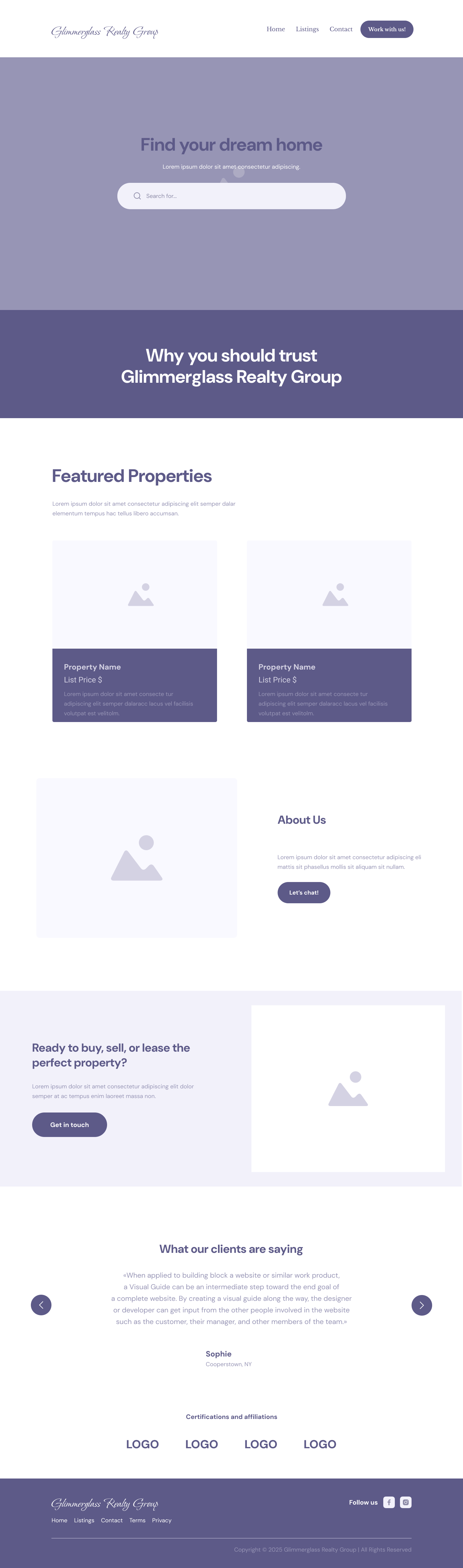 Homepage of Glimmergloss Ready Group real estate website as a wireframe with a light purple background, search bar, property listings, about us section, client testimonials, and footer with social media links.