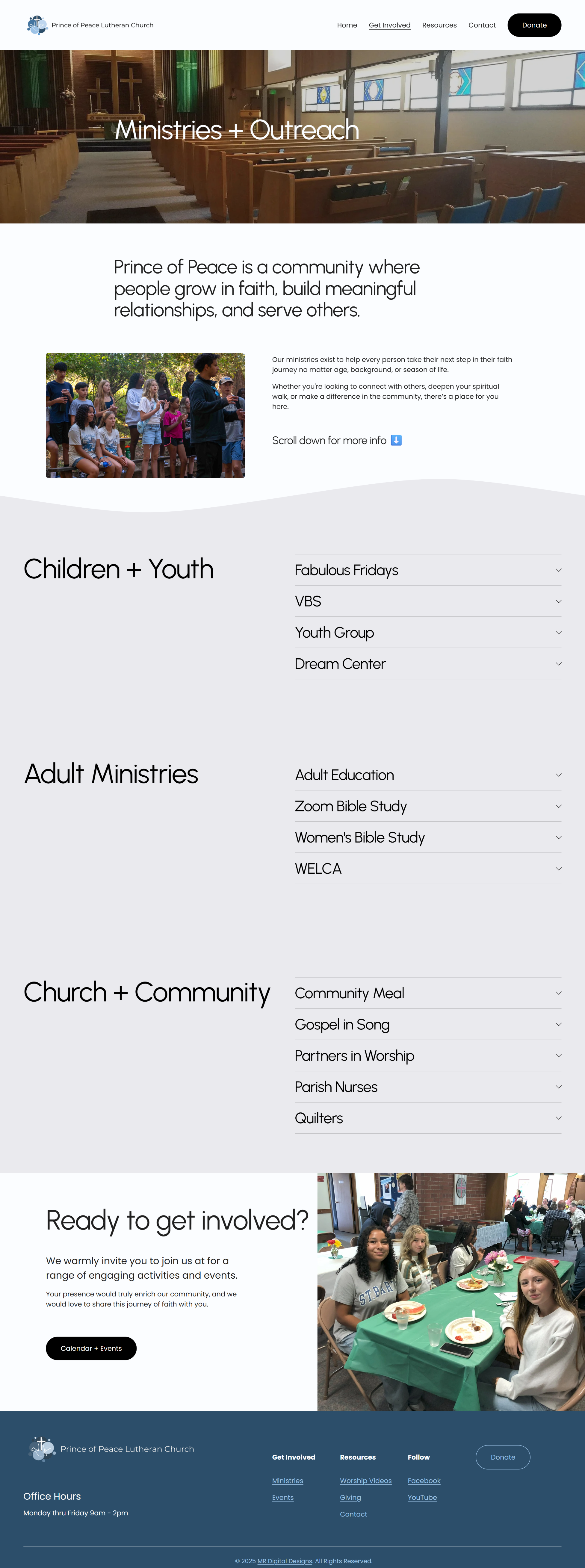 Screenshot of the Prince of Peace Lutheran Church website, showing sections for Ministries + Outreach, Children + Youth, Adult Ministries, and Church + Community, with images of church interior and community events.
