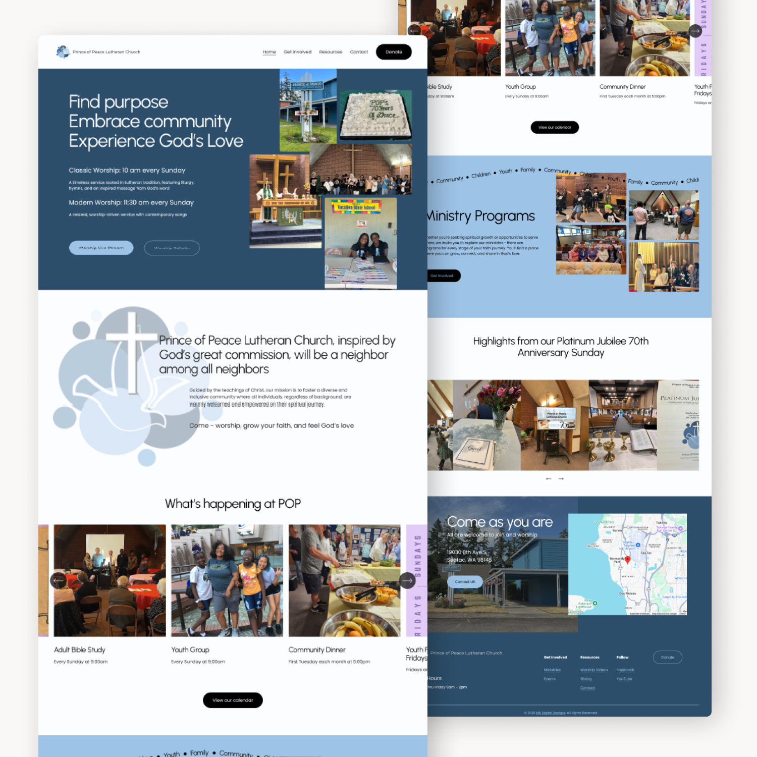 Screenshots of a church's website, the Prince of Peace Lutheran Church, featuring information about worship services, community programs, and church events with various images of people, worship, and church activities.