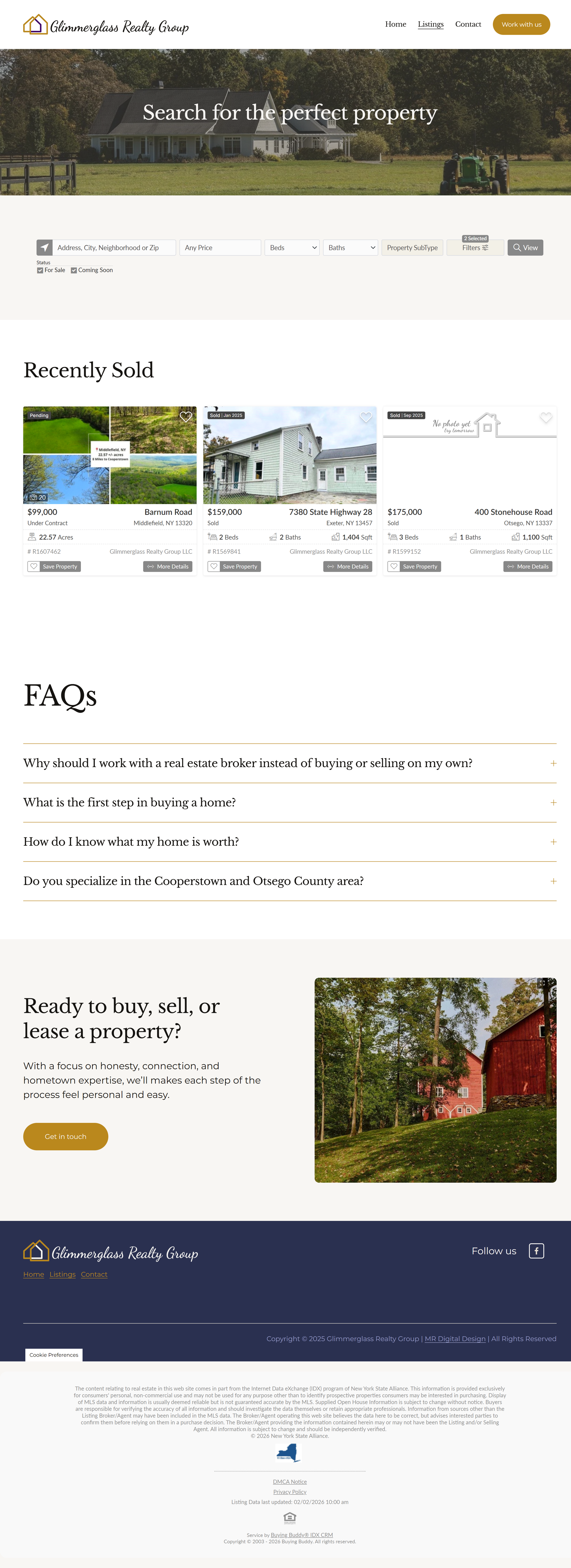 Screenshot of a real estate website homepage with search filters, recently sold listings, FAQs, and a contact prompt, featuring outdoor images of homes and landscapes.