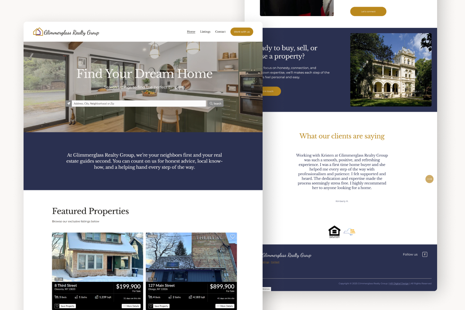 Screenshot of a real estate website homepage titled "Find Your Dream Home" with a search bar, a photo of a modern kitchen, and listings for properties including a house with snow on the roof and a neighborhood scene.