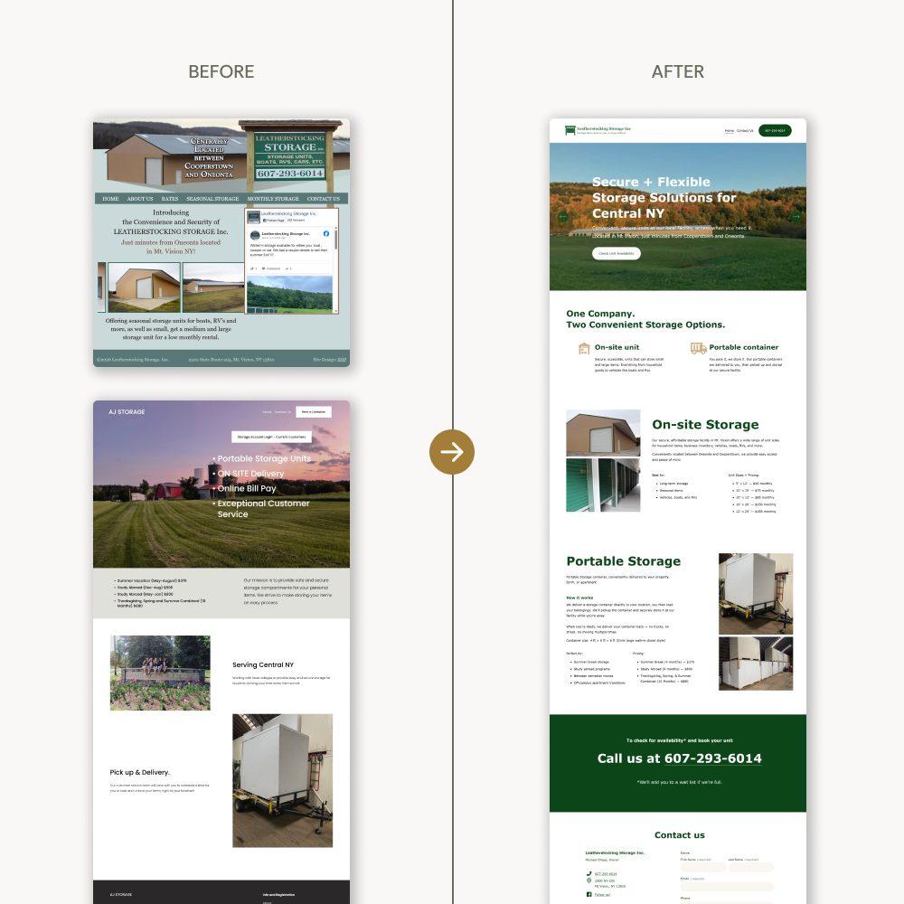 Comparison of two website designs for storage company, showing a 'before' version with cluttered layout and 'after' with a clean, modern design highlighting storage options.