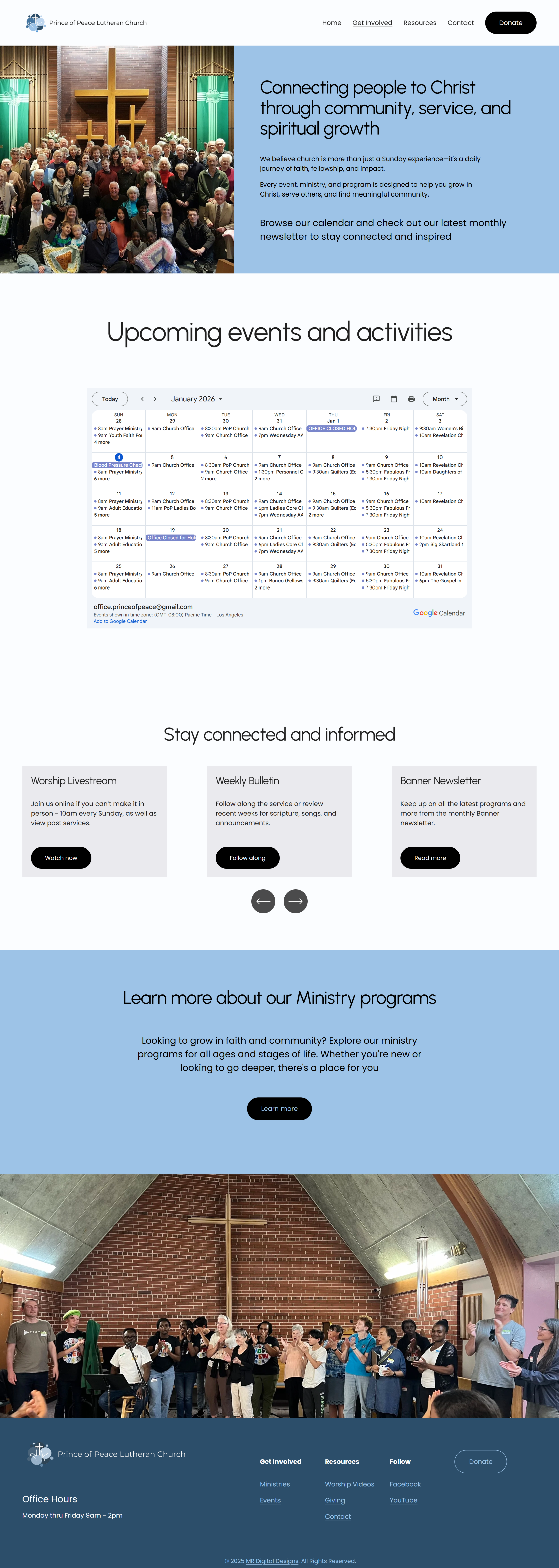 Screenshot of the Prince of Peace Lutheran Church website events page featuring an embedded calendar, links to more information and a photo of a worship band and people singing
