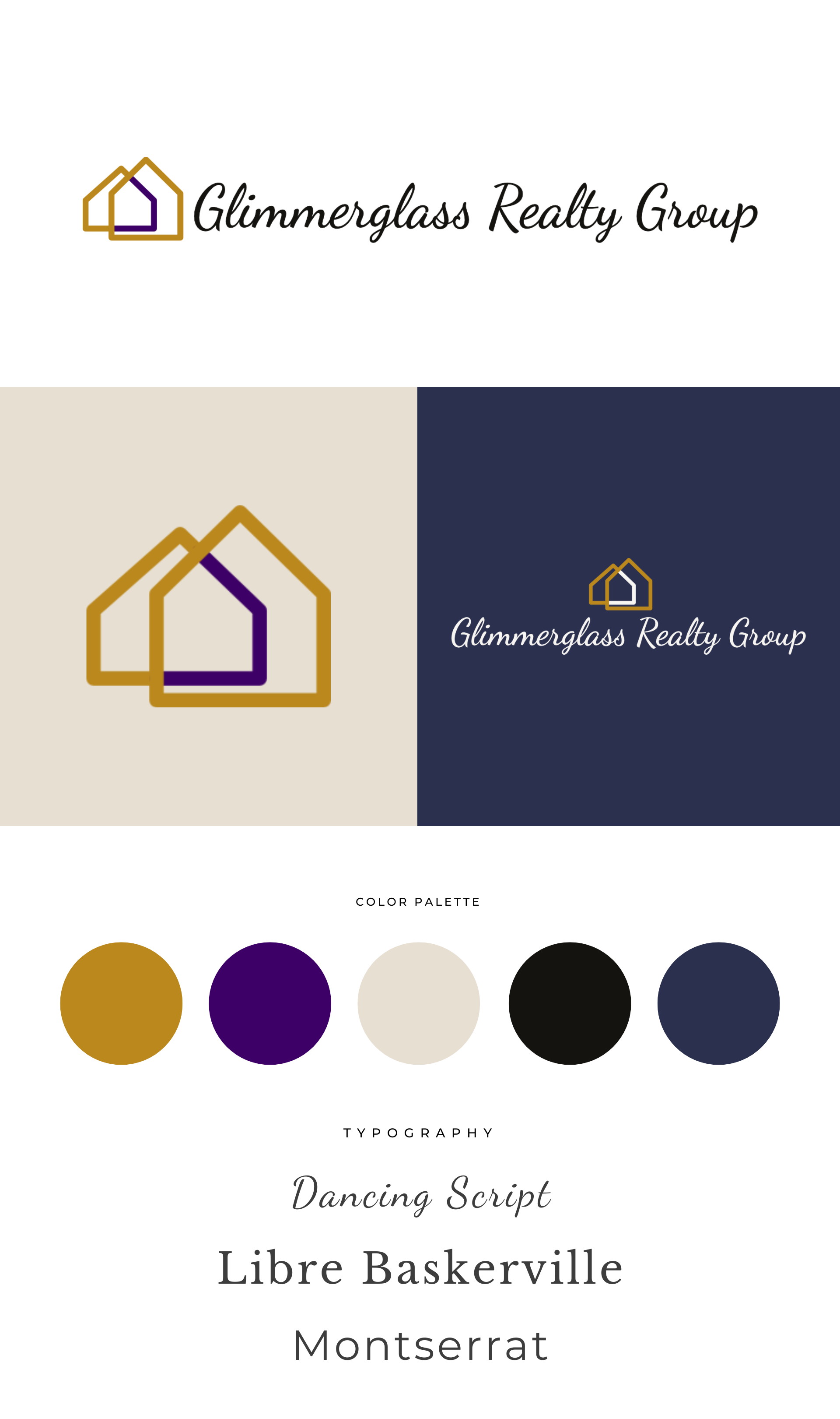 A branding style guide page showing the logo of Glimmerglass Realty Group with a house icon, a color palette with gold, purple, beige, black, and navy blue circles, and fonts Dancing Script and Libre Baskerville.