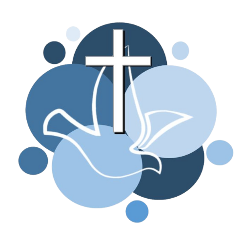 The logo mark for Prince of Peace Lutheran Church that includes a cross, an outline of a dove, and several circular shapes in shades of blue.