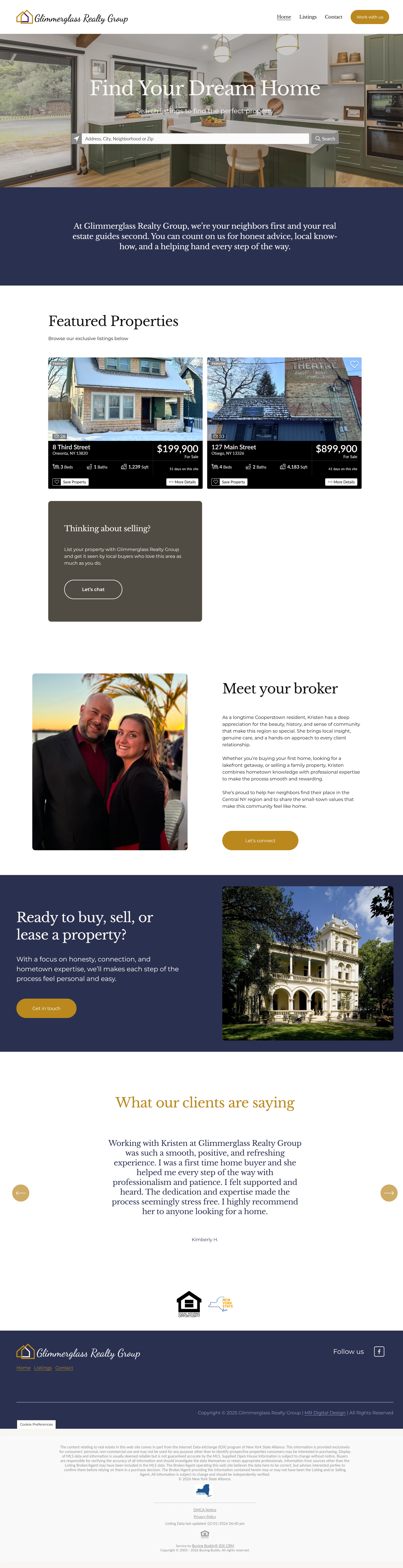 Homepage of Glimmerglass Realty Group website featuring a welcoming kitchen with green cabinets, a large window, and modern decor, along with property listings, broker information, and client testimonials.