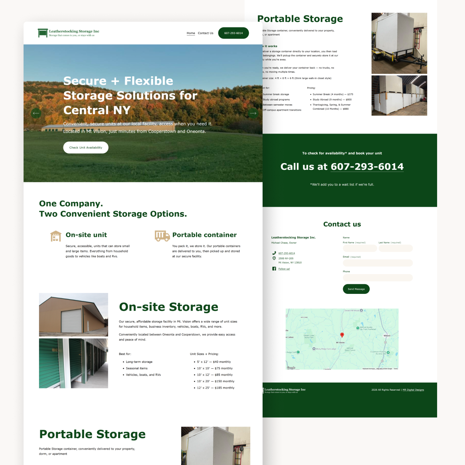 Two images of a storage unit website home page, showing portable and on site storage solutions, contact information, and a map