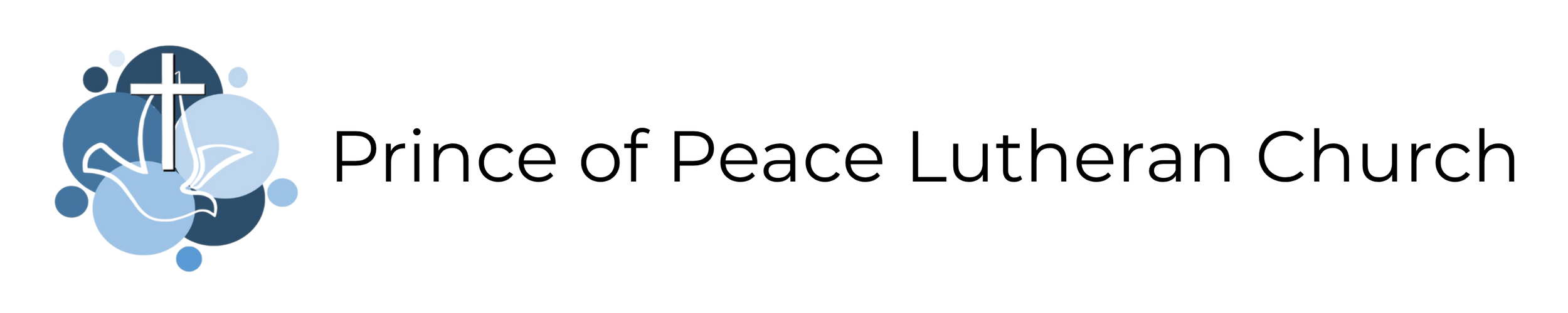 The logo mark for Prince of Peace Lutheran Church that includes a cross, an outline of a dove, and several circular shapes in shades of blue plus Prince of Peace Lutheran Church in horizontal sans serif font
