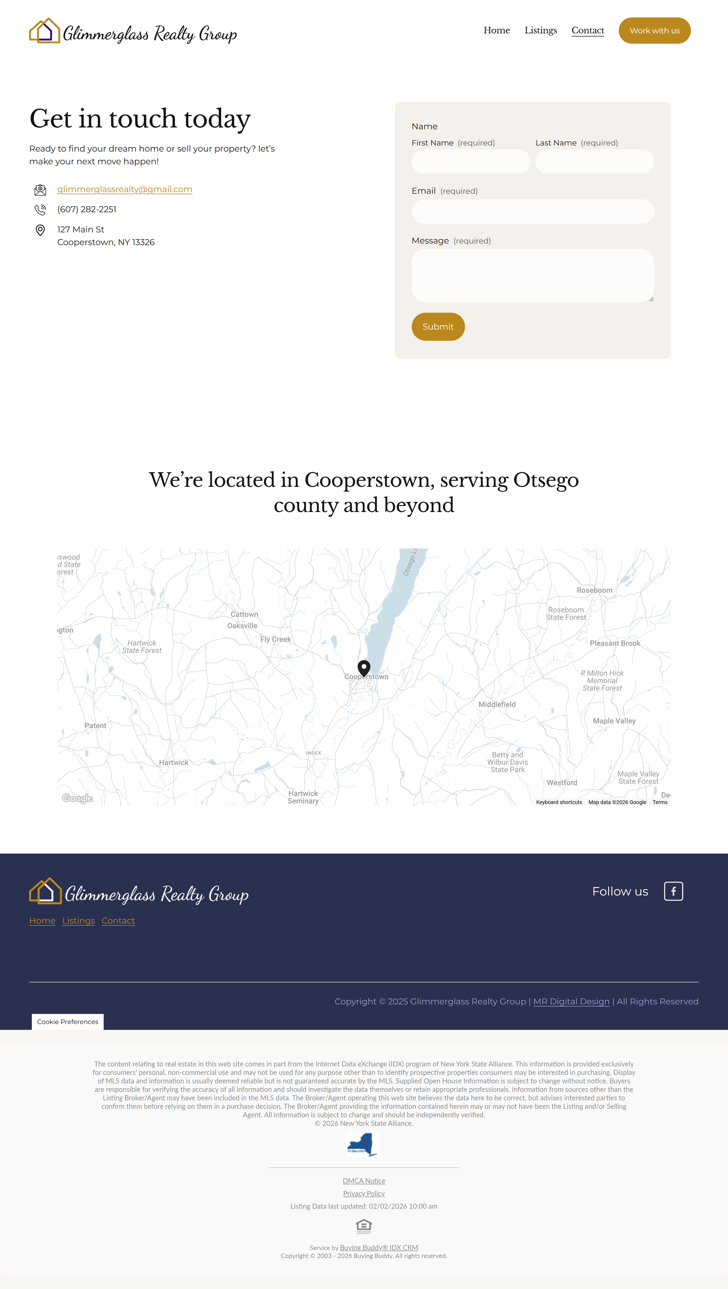 Homepage of Glimmerglass Realty Group website, featuring contact information, a contact form, a map showing Copperstown, NY, and navigational links.