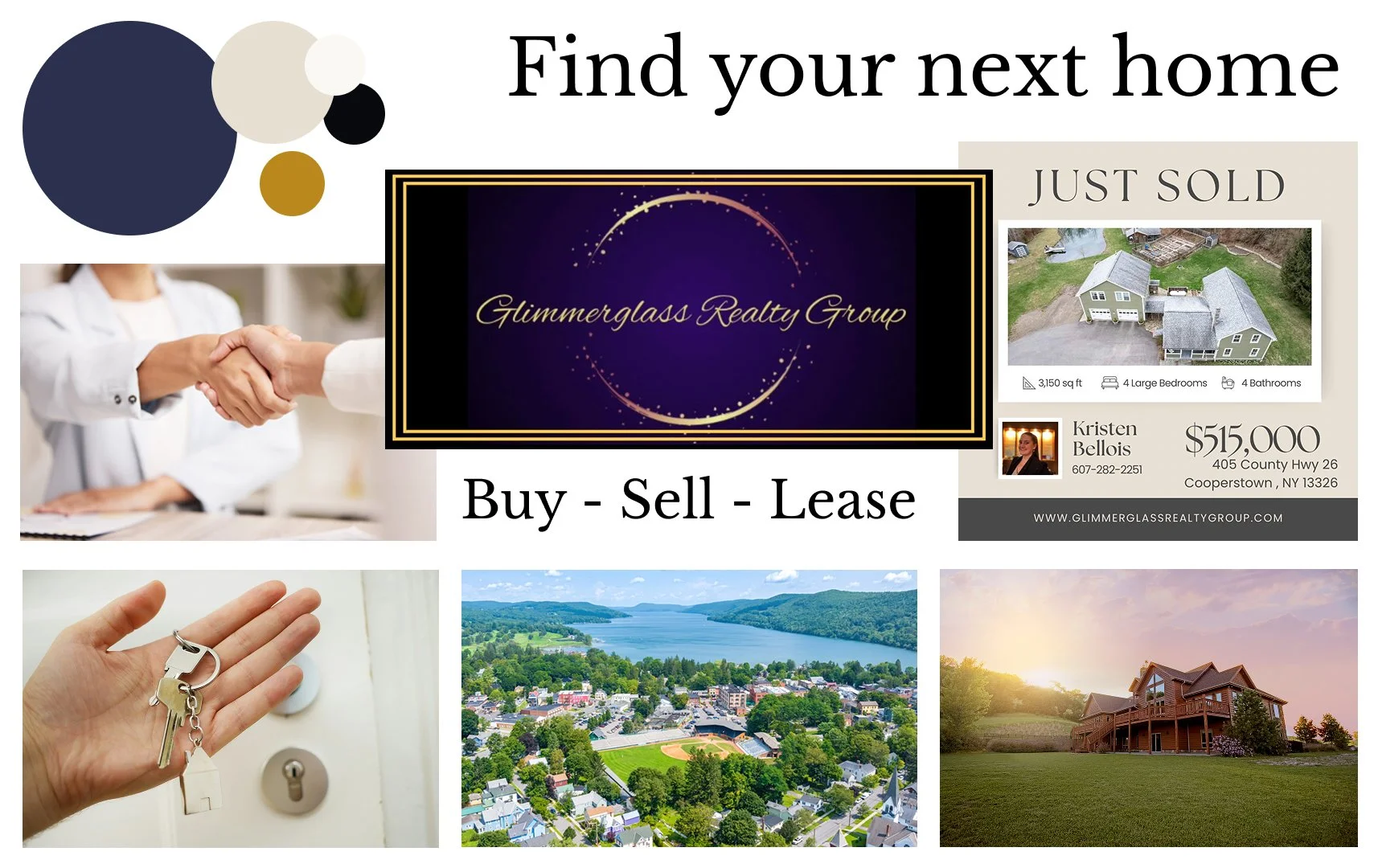 A mood board for Glimmerglass Realty Group featuring various images of houses, a handshake, keys, and a scenic town with a lake, along with property details and listing information.