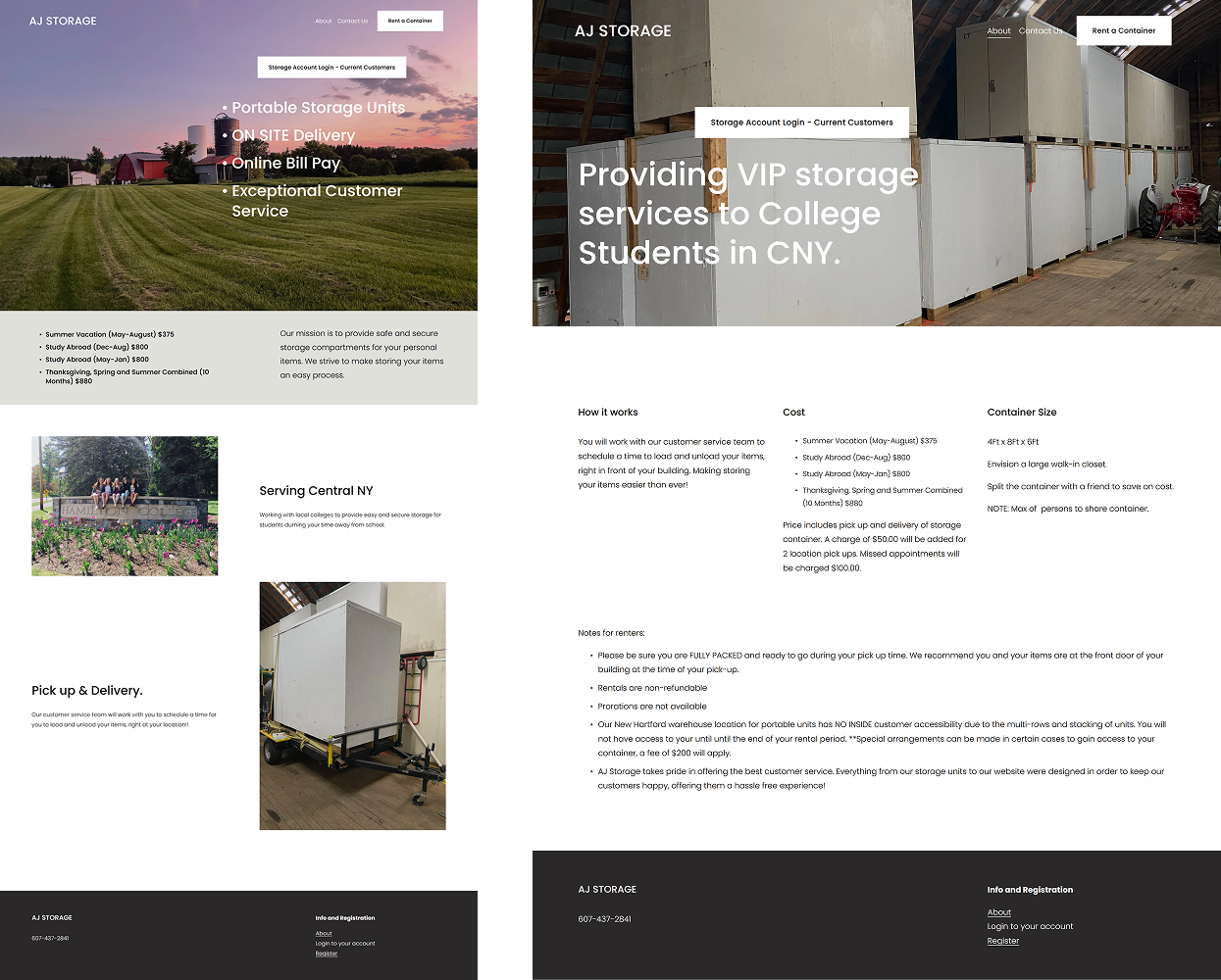 Screenshots of the AJ Storage website showing information about storage units, services, and pricing, including images of storage containers.