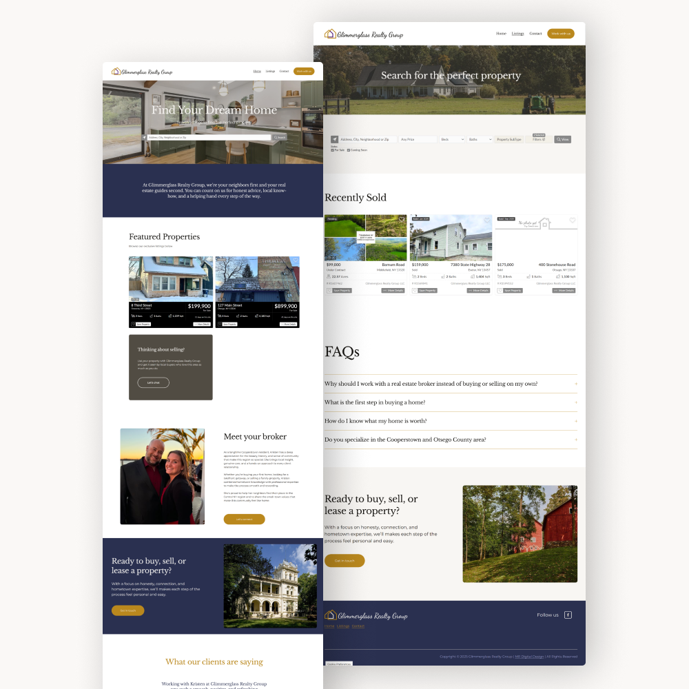 Screenshots of a real estate website showing property listings, search options, featured properties, recently sold homes, FAQs, and contact information.