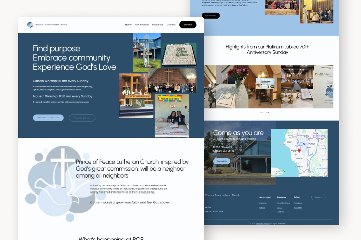 Screenshots of the website for Prince of Peace Lutheran Church, showing details about worship services, community engagement, and church events.