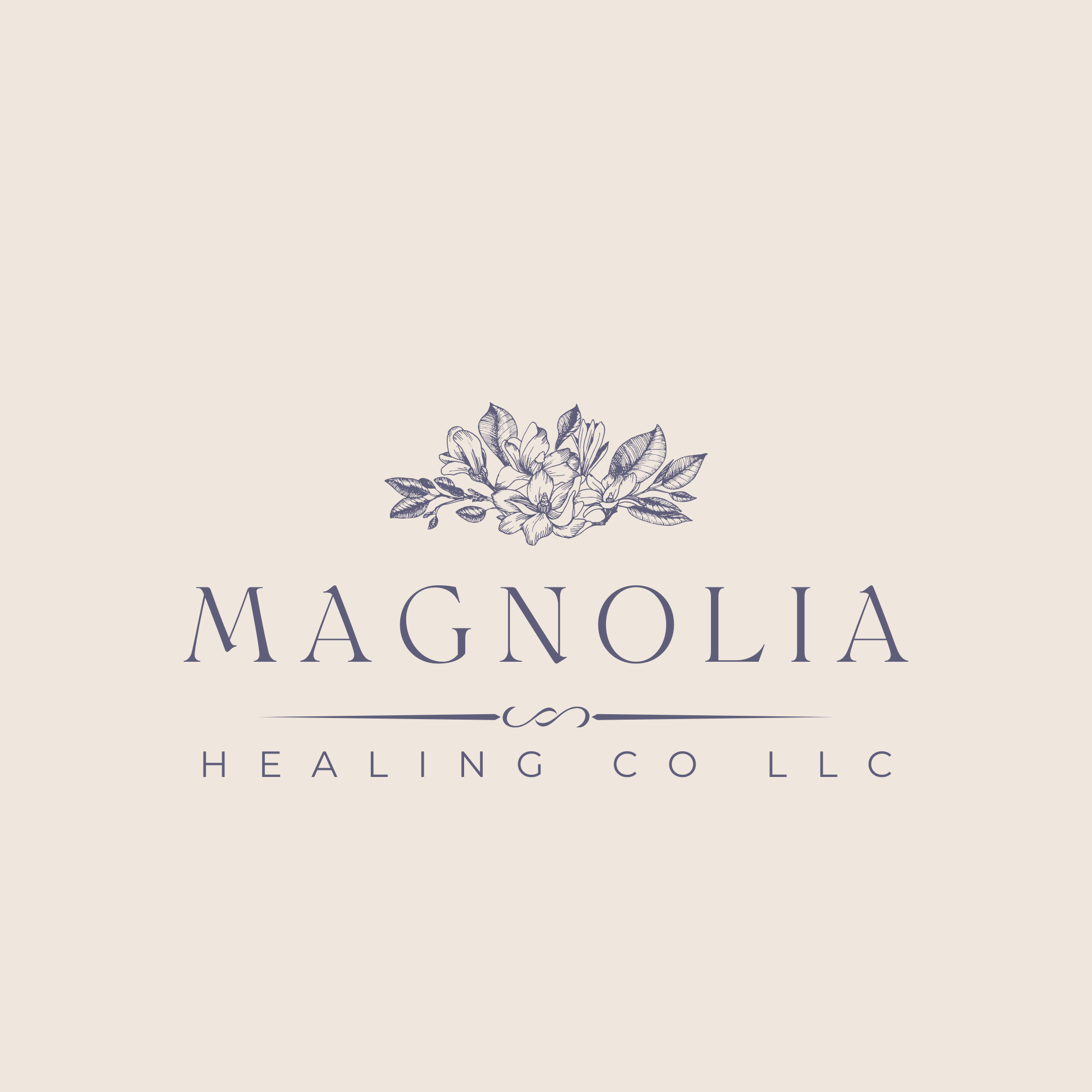 A logo with the word 'Magnolia' in large font, a detailed line drawing of a bouquet of magnolia flowers above the text, and the phrase 'Healing COL' underneath.