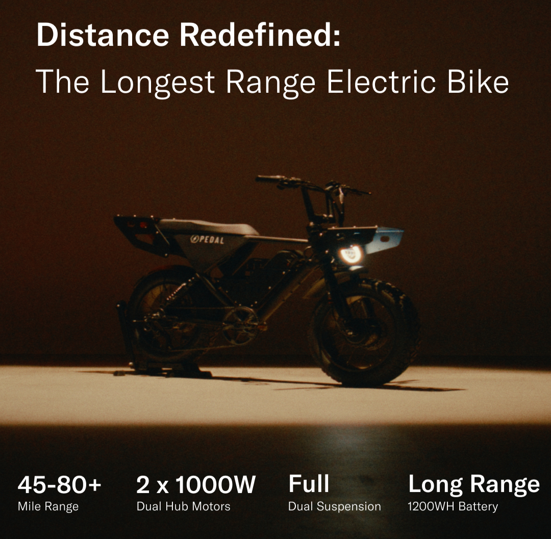 A black electric bike with front headlights, shown in a dark environment. The image promotes a long-range electric bike, highlighting features such as 45-80+ mile range, dual hub motors with 2 x 100W, dual suspension, and a 1200WH battery.