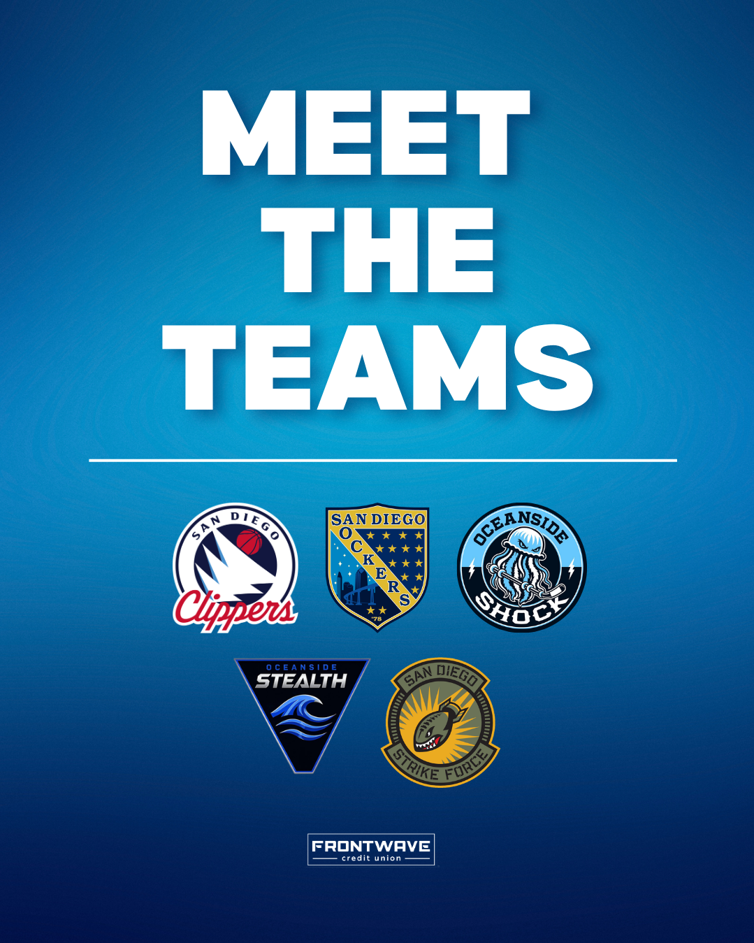 Poster with the text 'Meet the Teams' and the logos of six San Diego sports teams, including the Chargers, Padres, Sharks, Seals, and Strike Force, and a 'Frontwave' logo at the bottom.