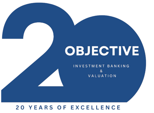 Large blue number 20 with the words 'OBJECTIVE INVESTMENT BANKING & VALUATION' and '20 YEARS OF EXCELLENCE' written on it.